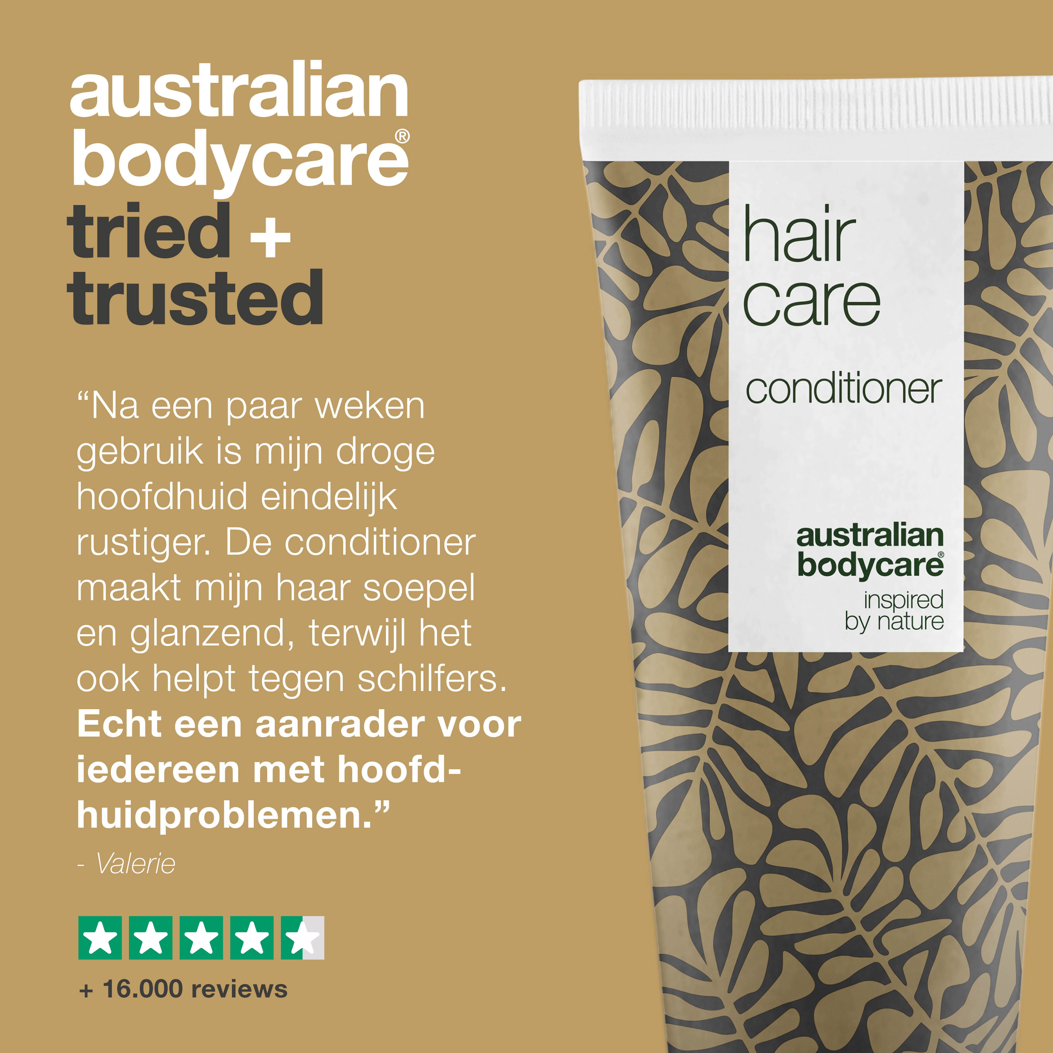 Getuigenis. Tube haarconditioner. Opschrift: Hair Care, Conditioner, Australian Bodycare. Tekst: Na een paar weken is mijn droge hoofdhuid rustiger.