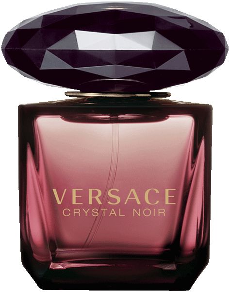 Versace Crystal Noir Eau de Toilette. Zwarte fles met facetdeksel. Rechthoekige vorm.