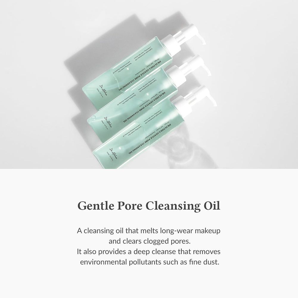 Drie flessen Dr. Althea Gentle Pore Vegan Cleansing Oil naast elkaar op een witte achtergrond.