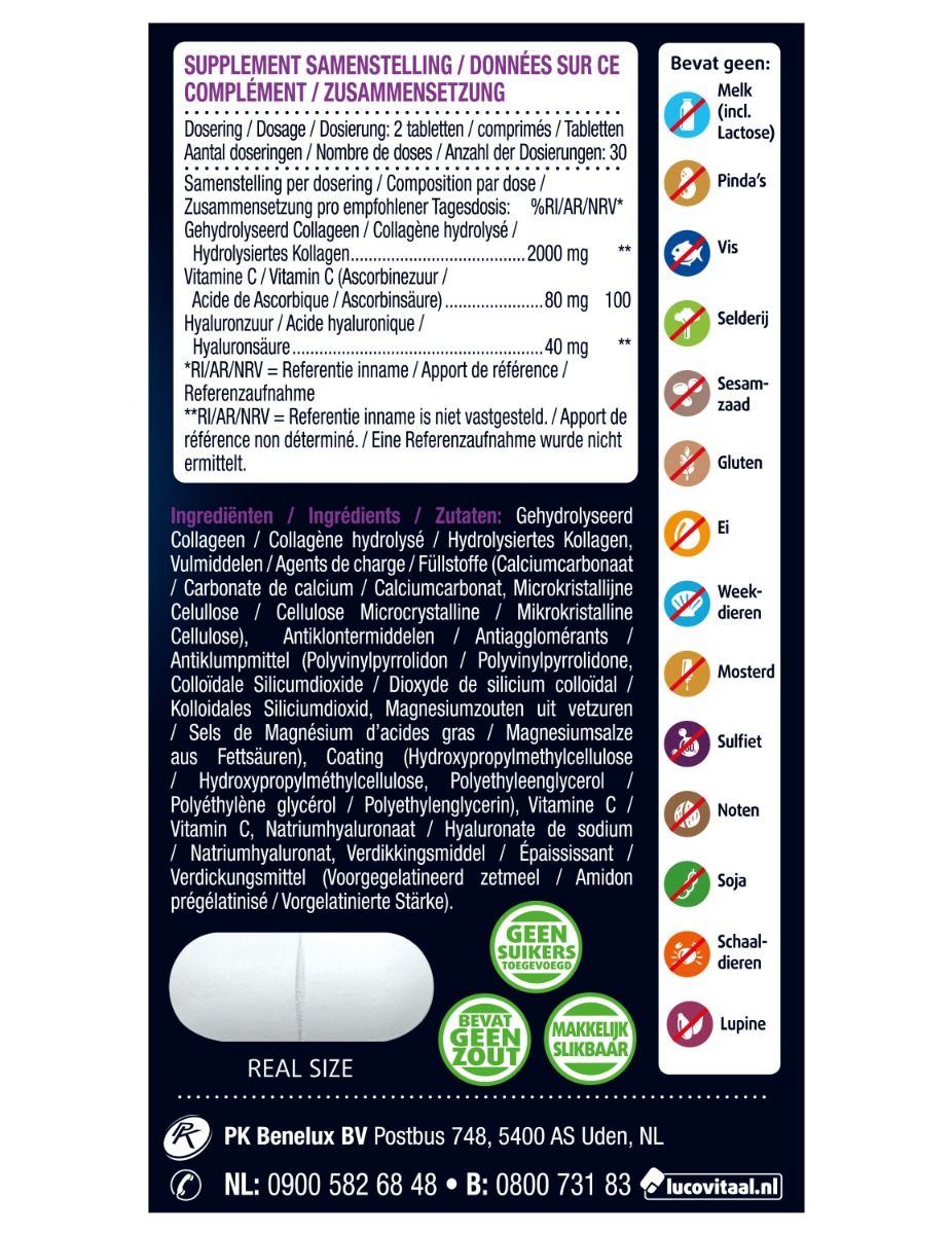 Achterkant van de tablettenverpakking. Bevat informatie over ingrediënten, dosering en allergenen. Met symbolen.