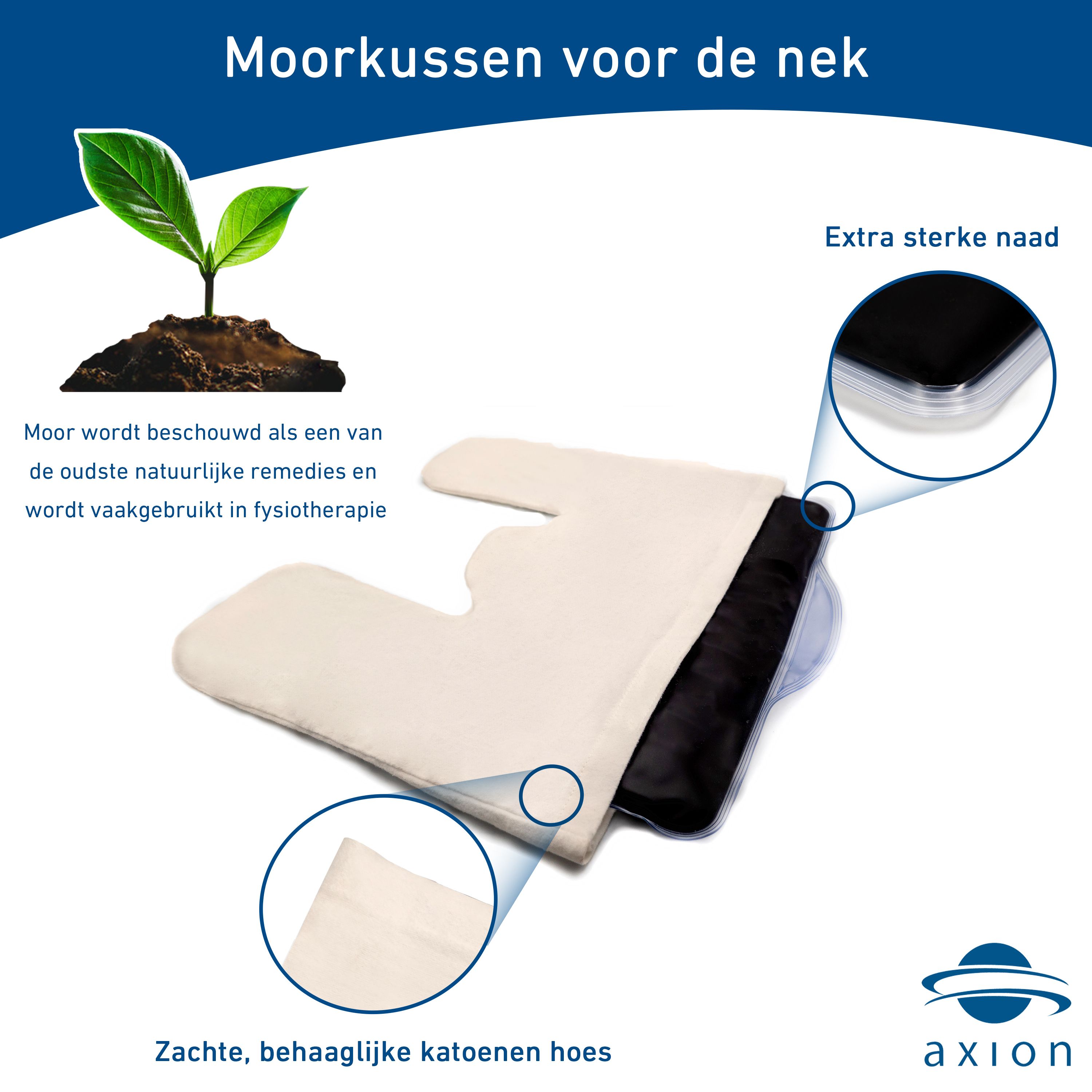 Nek kussen met natuurlijke veen vulling en katoenen hoes. Zachte katoenen hoes. axion logo. Extra sterke naad.
