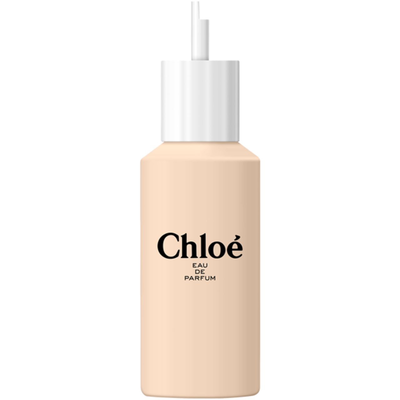 Beige fles met witte sluiting en applicator. Opschrift Chloé Eau de Parfum.