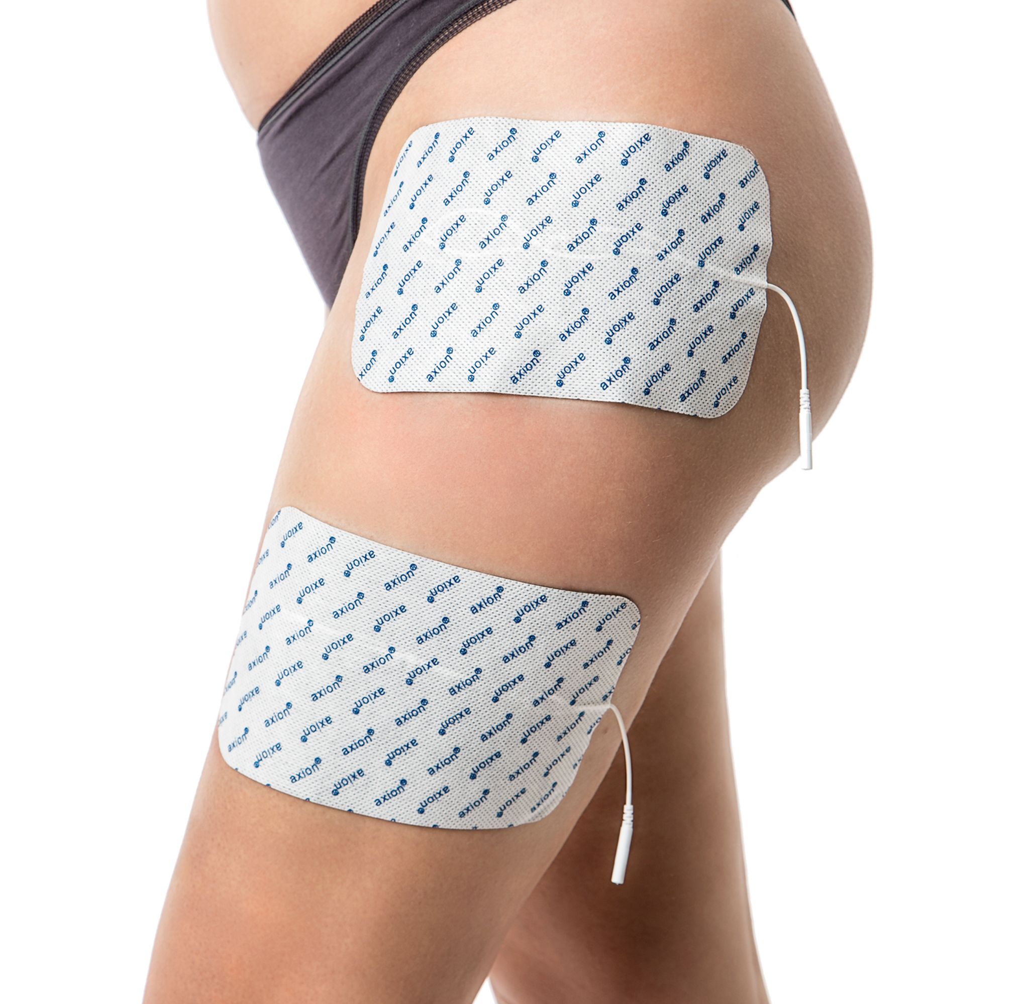 Deux électrodes axion sur les cuisses. Avec câble. Impression axion. Pour TENS et EMS.