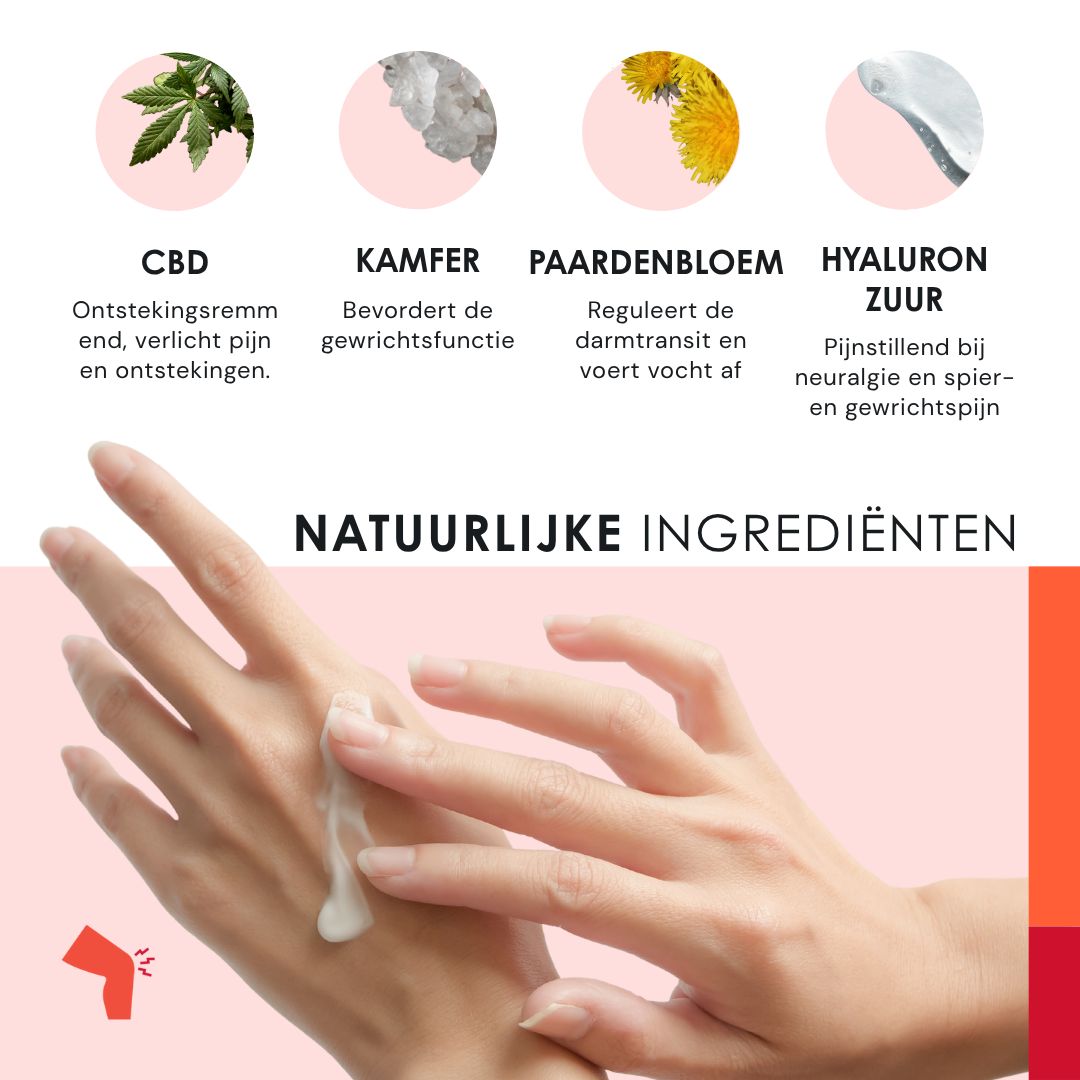 Hand met gel. Tekst: Natuurlijke ingrediënten. CBD, Kamfer, Paardenbloem, Hyaluronzuur. Merk Eusphera.