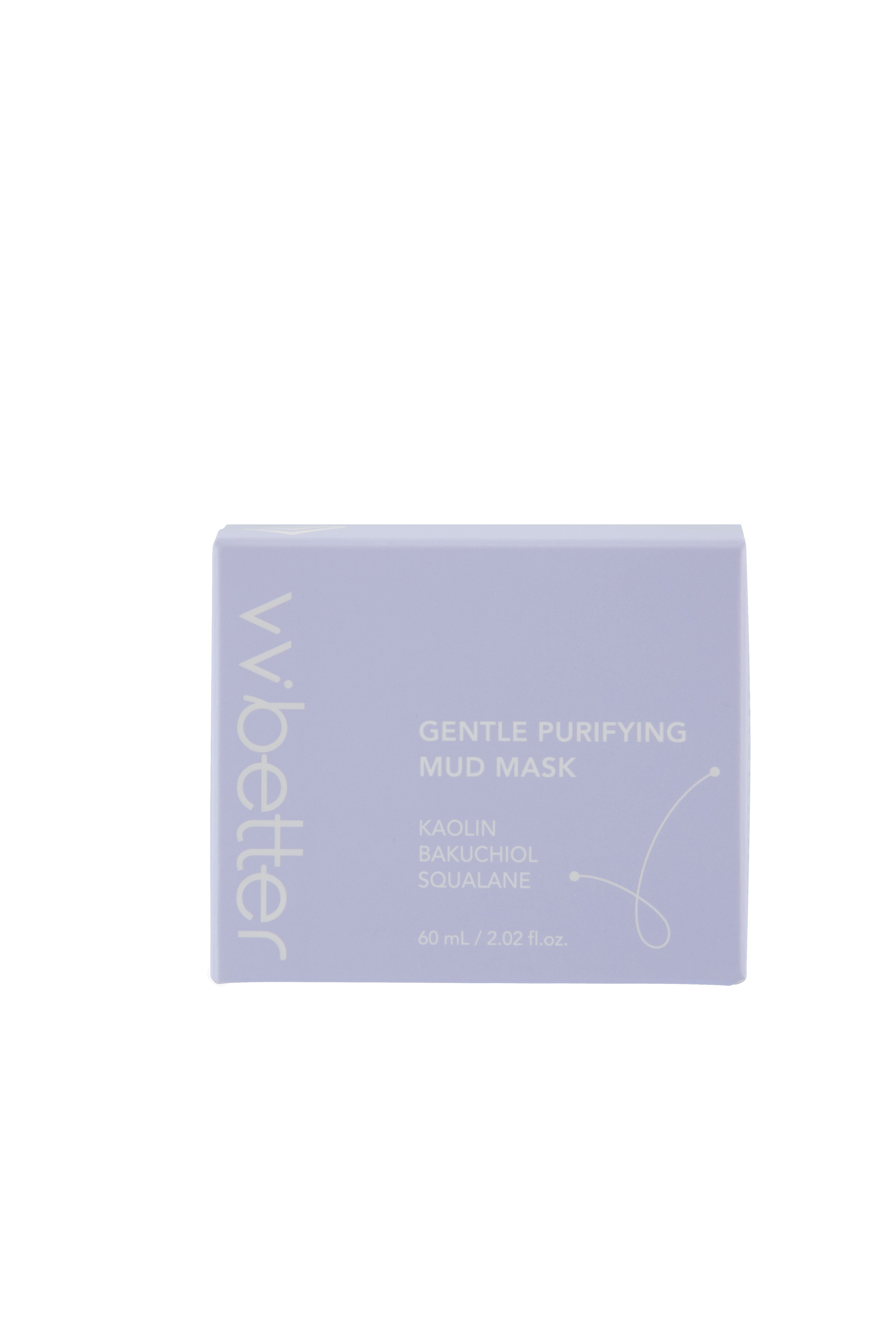 Paarse doos met opschrift: wbetter, Gentle Purifying Mud Mask. Ingrediënten: Kaolin, Bakuchiol, Squalaan. 60 ml / 2.02 fl.oz.
