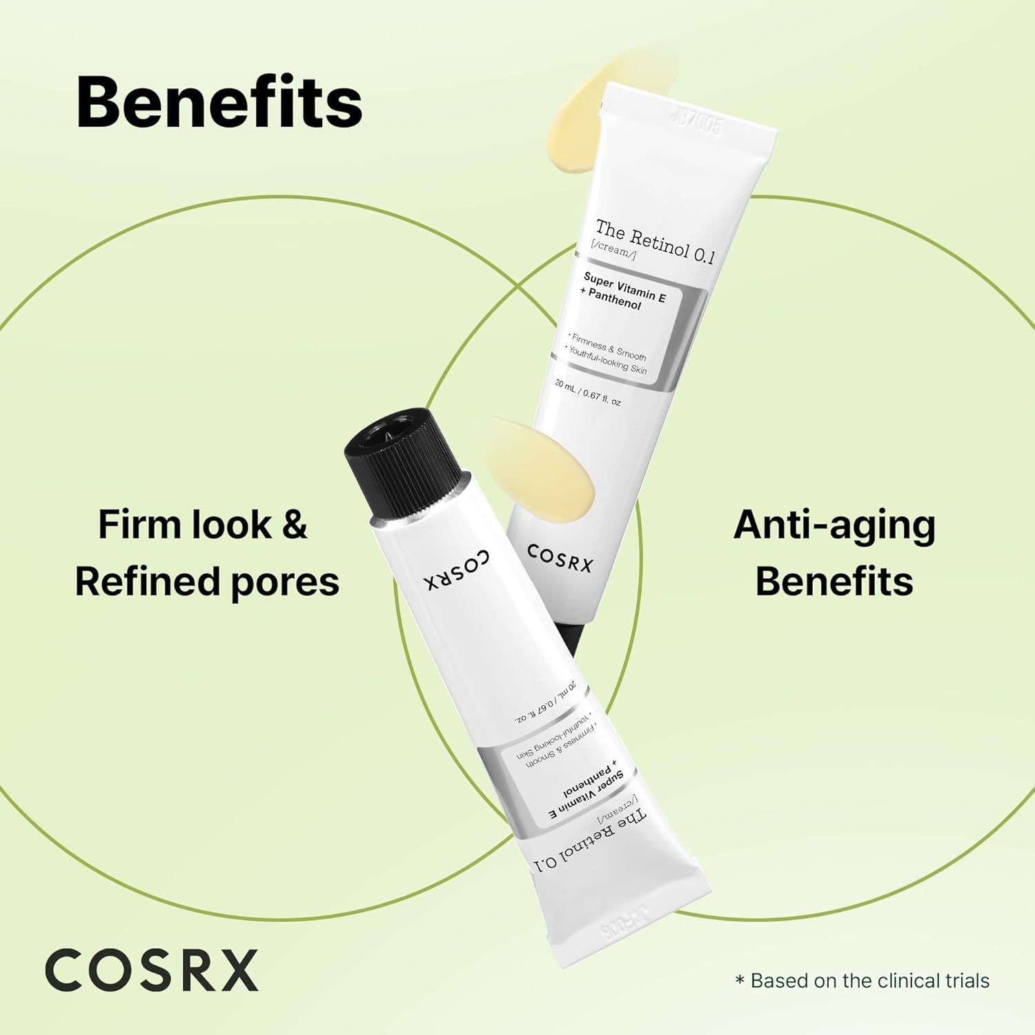Deux tubes 'The Retinol 0.1 Cream' de COSRX, avec du texte sur les avantages anti-âge et un aspect plus ferme.