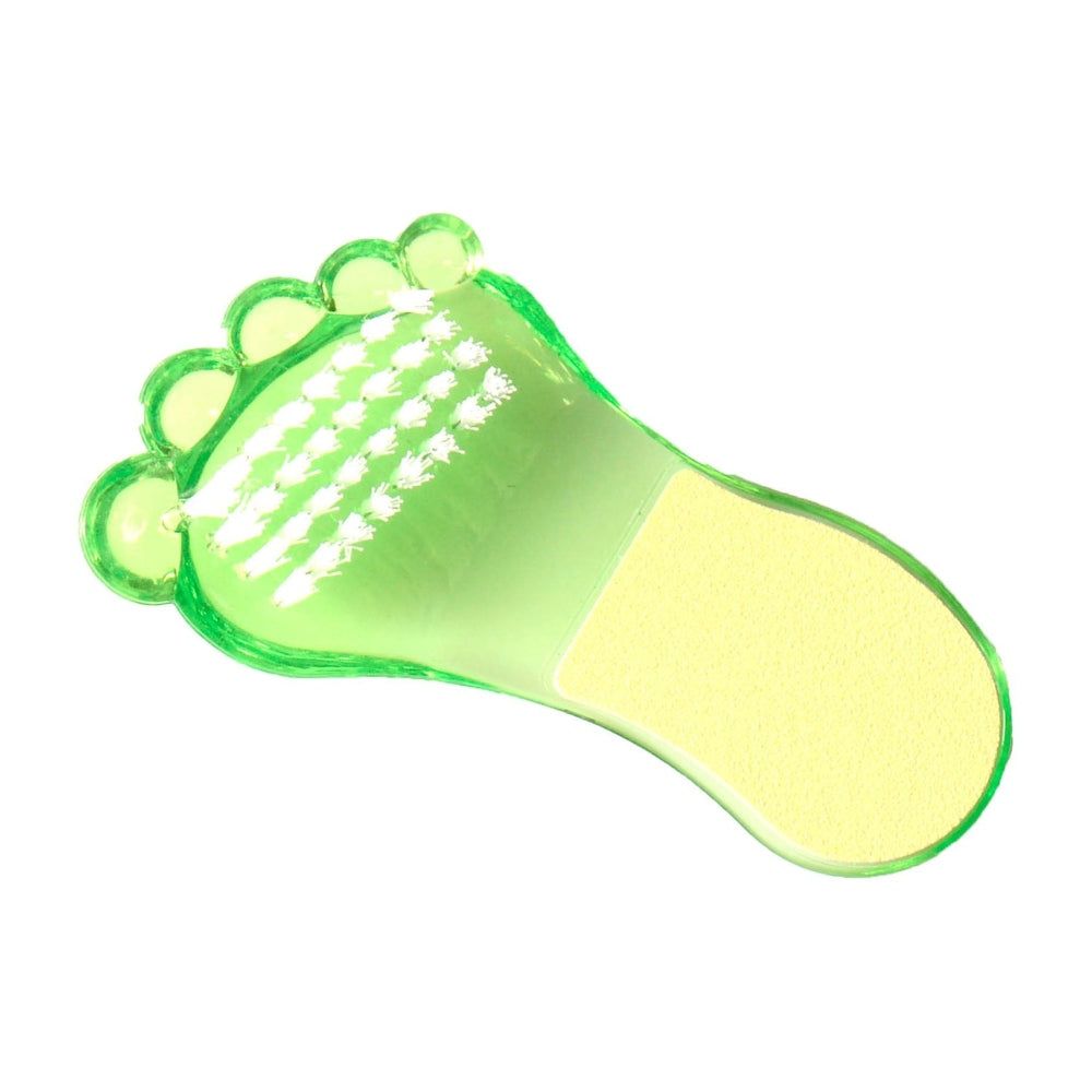 Groene voetvijl en borstel in voetvorm. Borstelgedeelte met witte borstelharen, geel wrijvingsoppervlak. Transparant materiaal.
