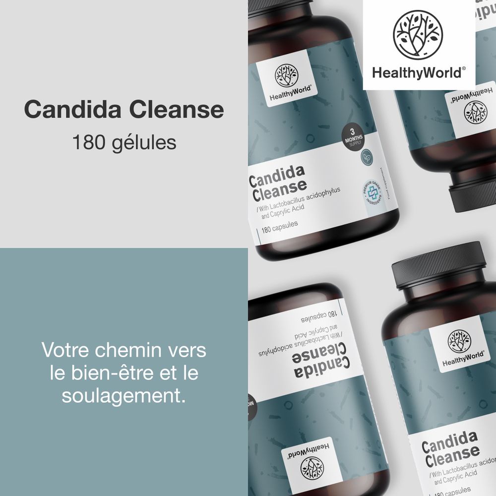 Plusieurs flacons de Candida Cleanse. Texte: Votre chemin vers le bien-être et le soulagement.