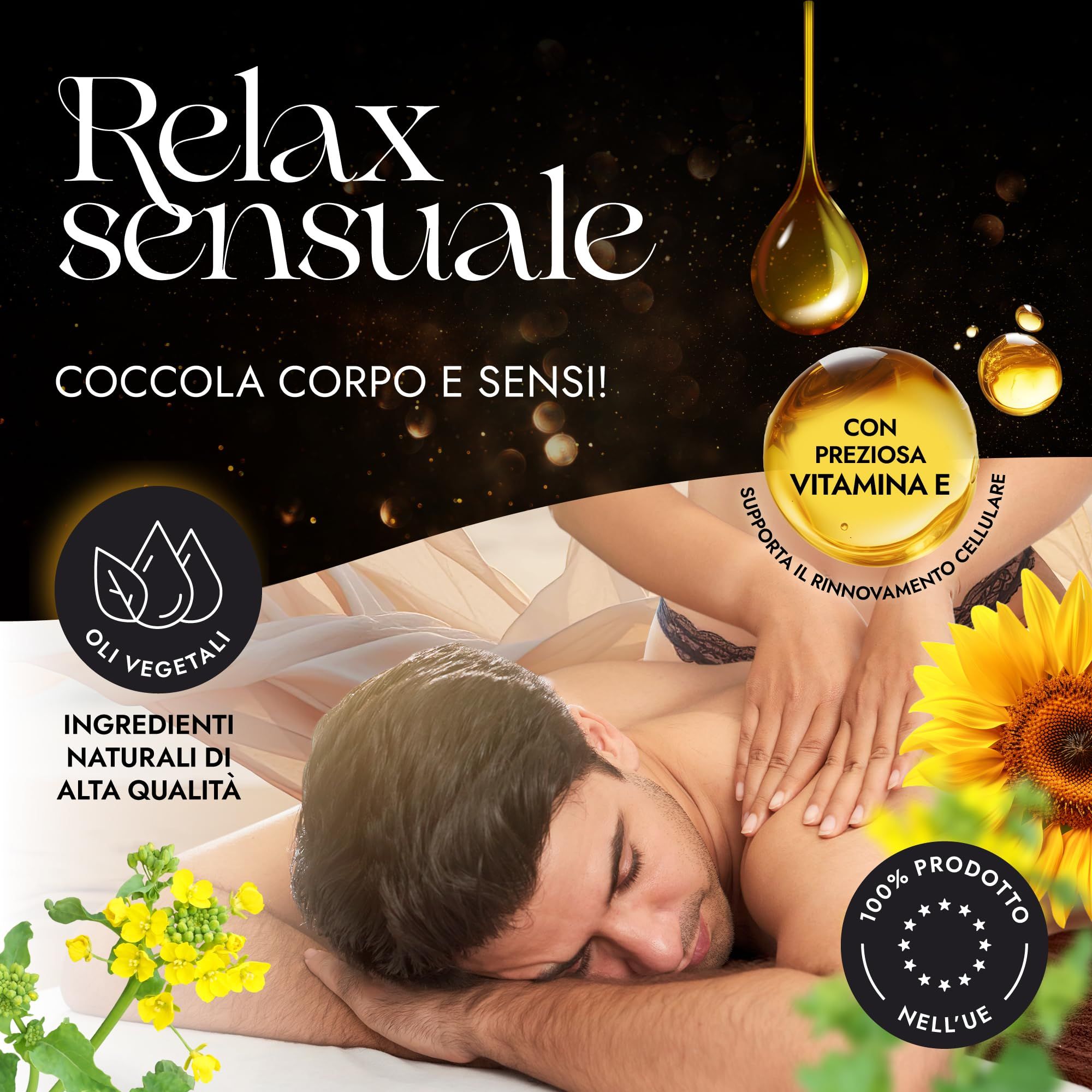 Un homme reçoit un massage du dos avec de l'huile Loovara, entouré de fleurs.