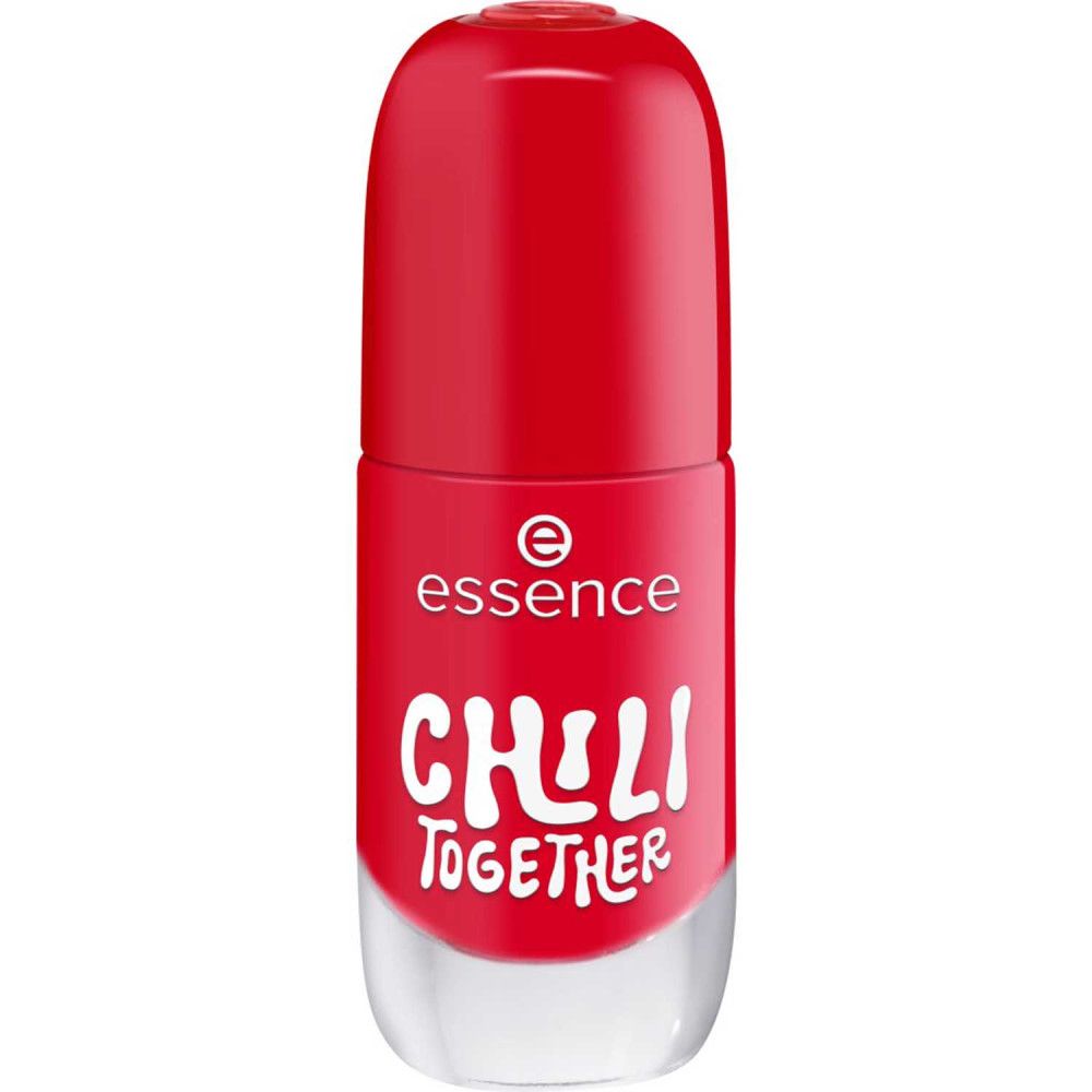 Vernis à ongles rouge, flacon fermé. Inscription : Chili Together. Marque : essence.