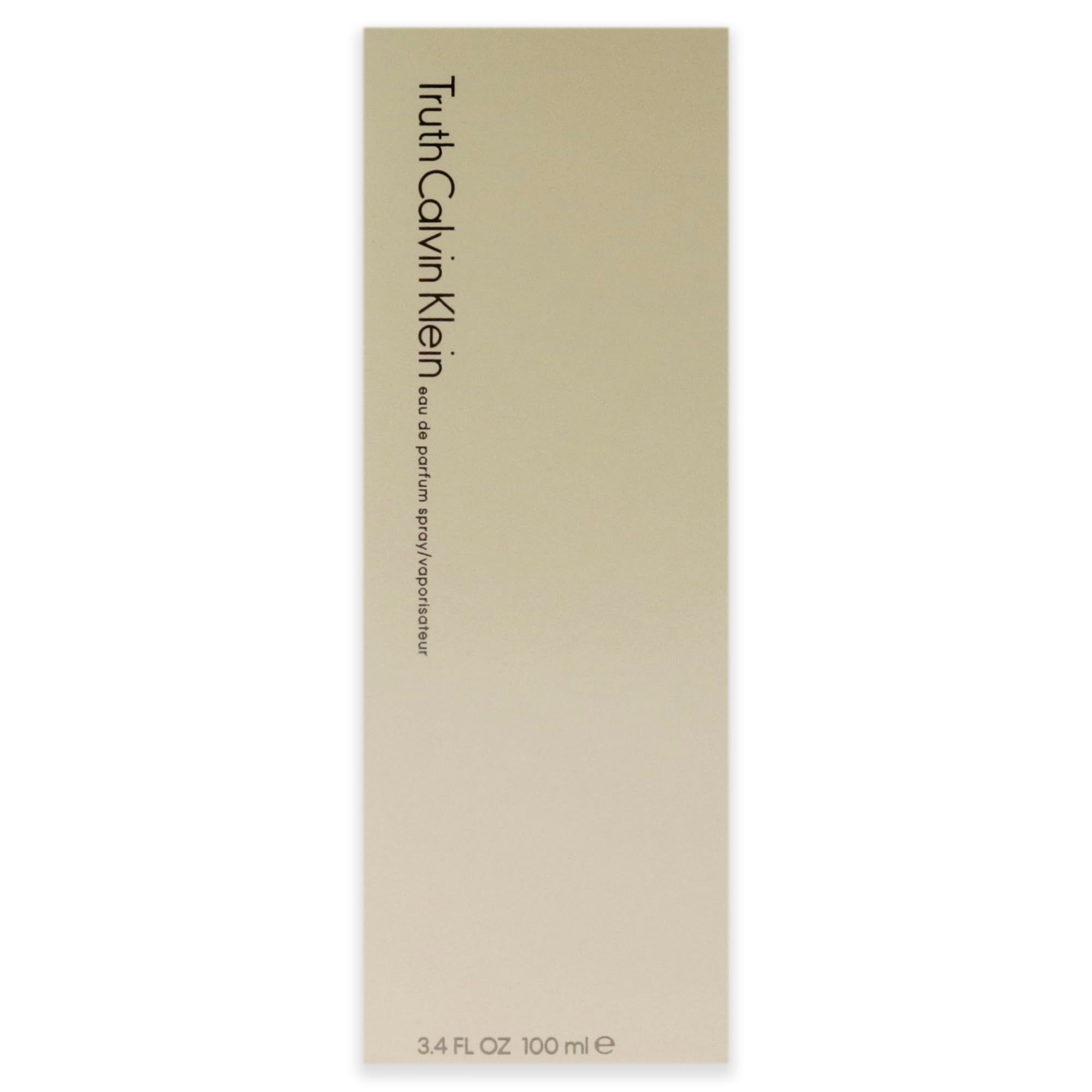 Beige verpakking. Opschrift: Truth Calvin Klein, Eau de parfum spray/vaporisateur. 3.4 fl oz 100 ml.