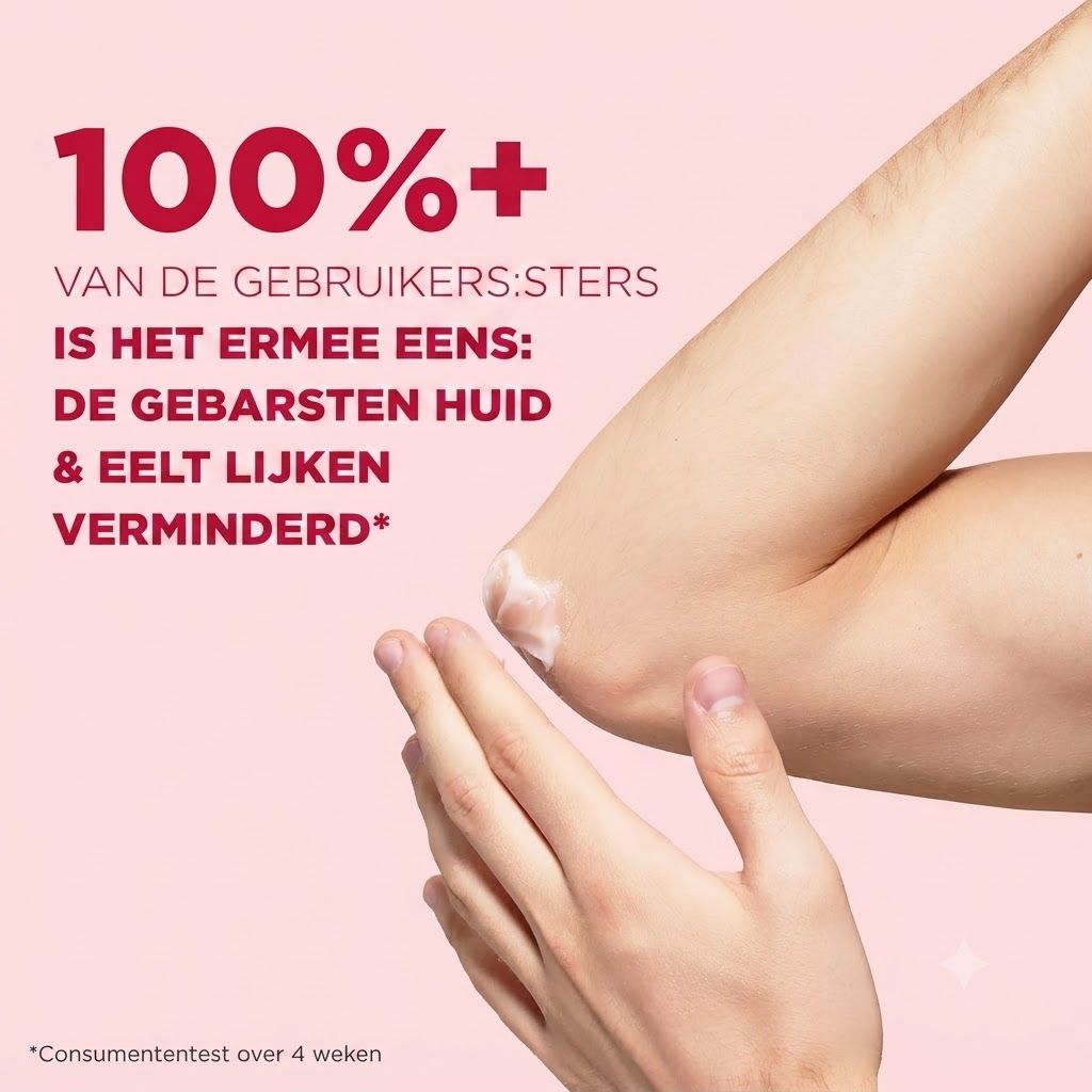 Elleboog met witte crème die wordt aangebracht. Tekst: 100%+ van de gebruikers is het ermee eens: gebarsten huid en eelt lijken verminderd.