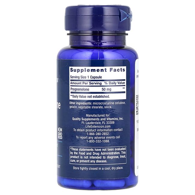 Bouteille de supplément, dos avec informations nutritionnelles et ingrédients. Contient du Pregnénolone 50 mg.