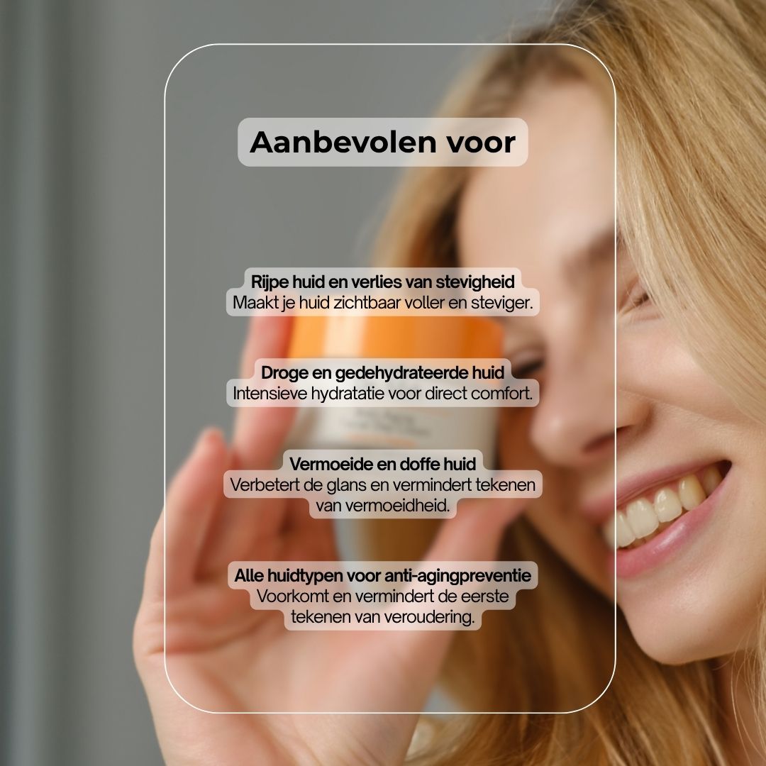 Vrouw houdt crèmepot vast. Tekst: Aanbevolen voor rijpere huid, droge huid, vermoeide huid. Anti-aging preventie.