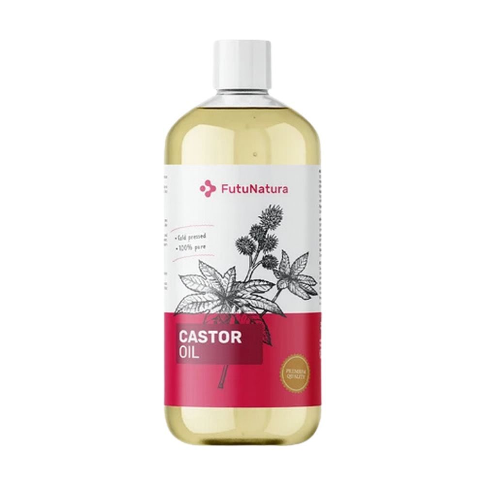 Fles FutuNatura ricinusolie. Etiket met Castor Oil en illustratie. Witte dop, gelige vloeistof.