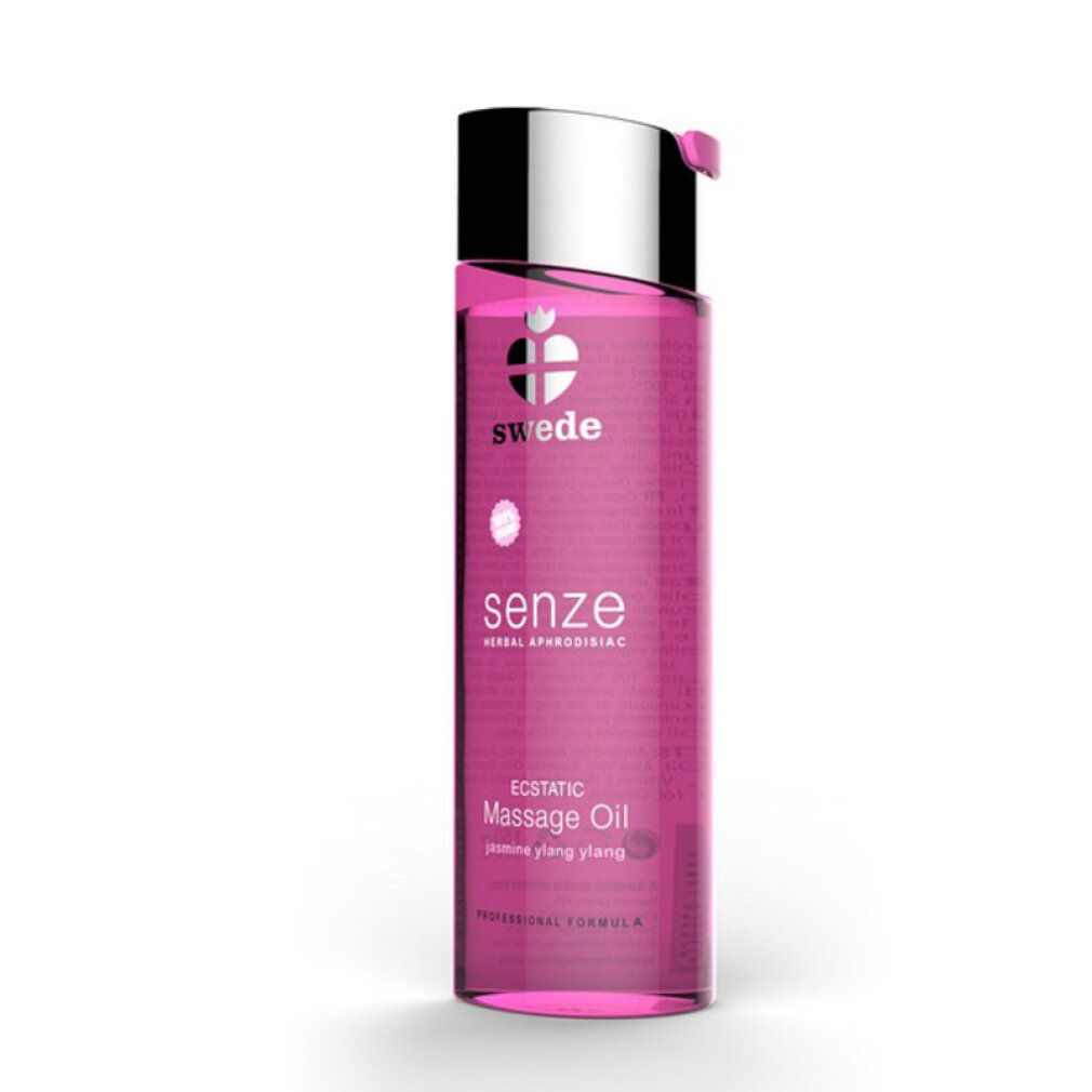 Swede Senze massageolie: Roze fles met zilveren dop. Vermeldt 'Ecstatic Massage Oil' en 'Jasmine Ylang Ylang'.
