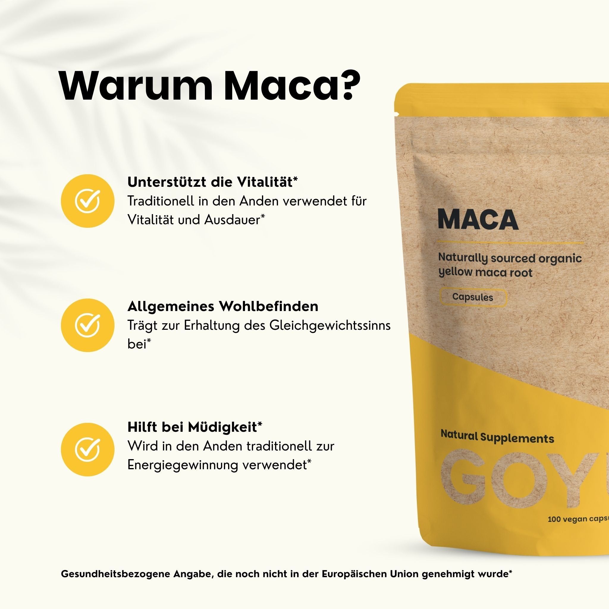 Emballage brun avec inscription jaune pour capsules de maca, 'Naturally sourced organic yellow maca root'.