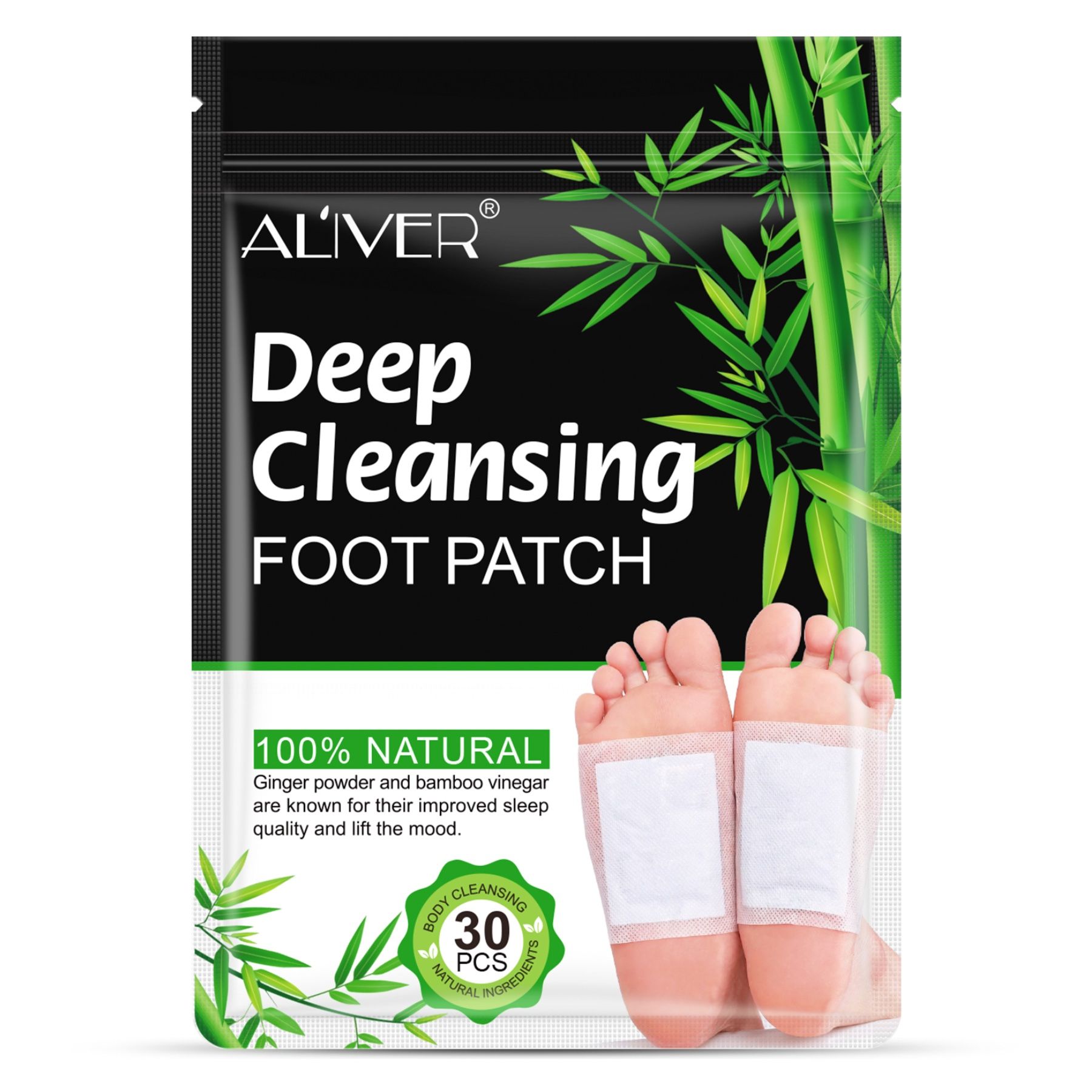 ALIVER voetpleisters met bamboeazijn. Verpakking met 30 pleisters. Voeten met aangebrachte pleisters. Tekst: Deep Cleansing Foot Patch.