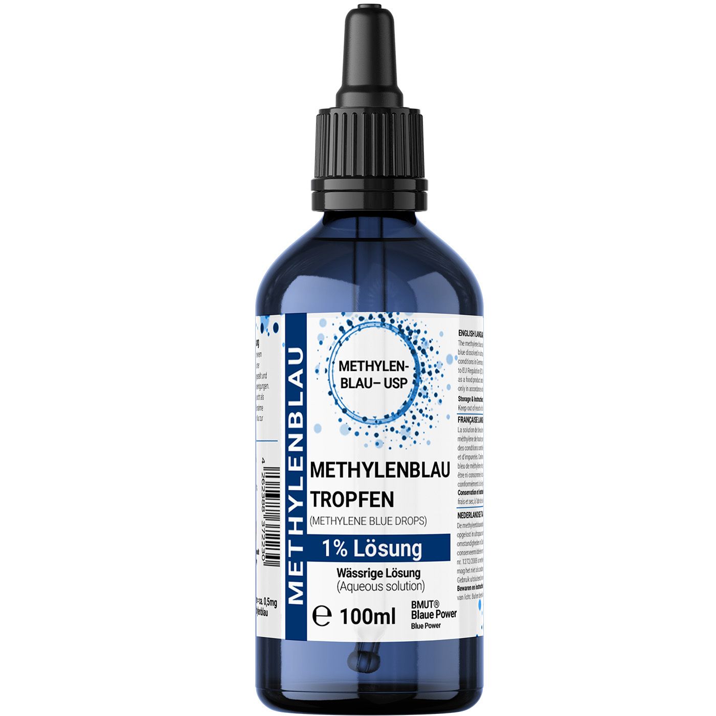 Blauwe glazen fles met druppelaar. Etiket met productinformatie: Methylenblau 1% oplossing, USP. 100ml.