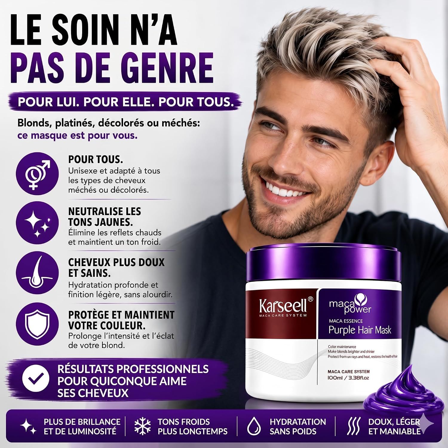 KARSEELL Masque Violet Anti-jaunissement pour Cheveux Blonds et Gris
