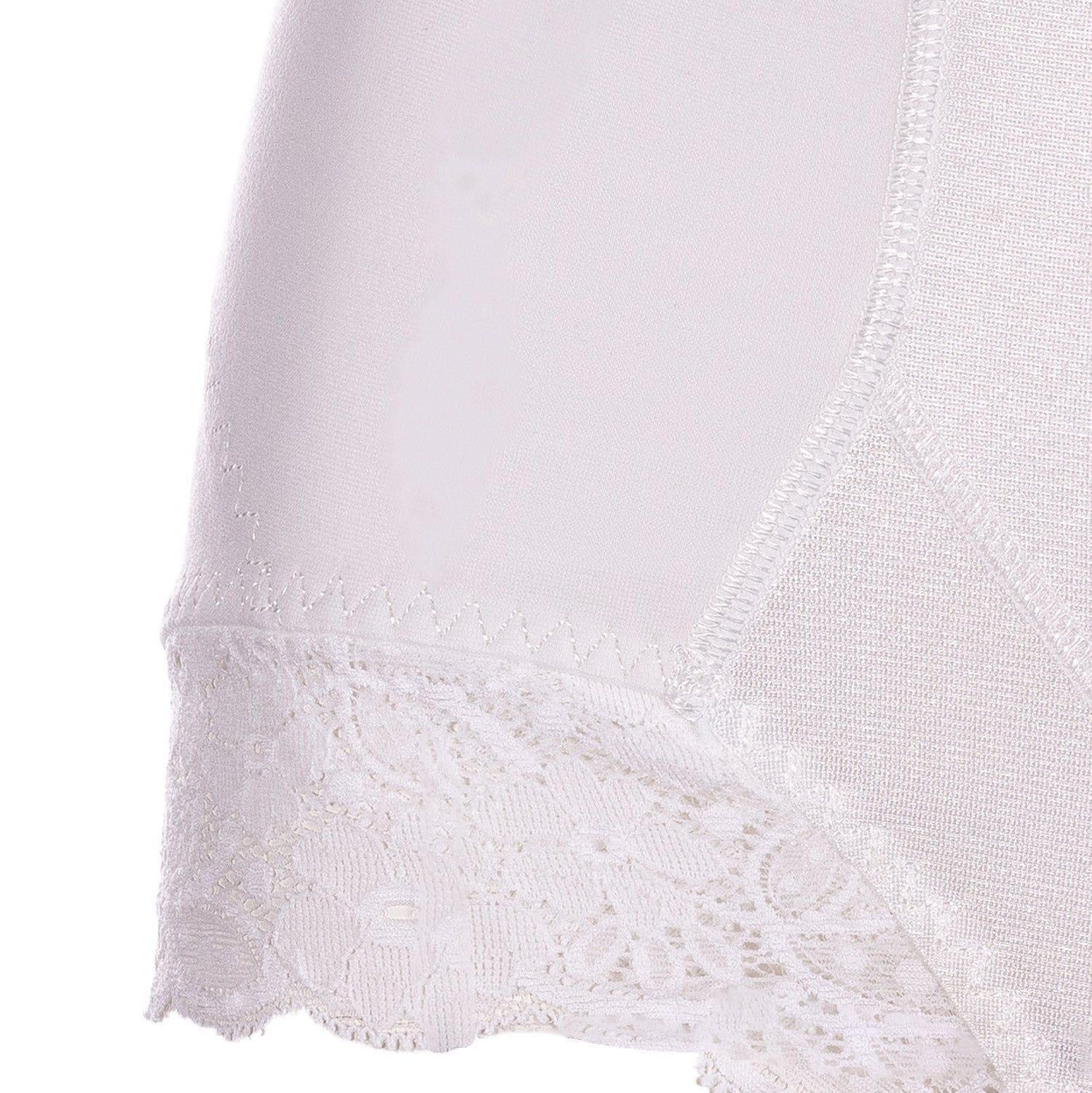 Detailopname van de witte corrigerende slip. Kant aan de beenzoom en textuur van de stof.