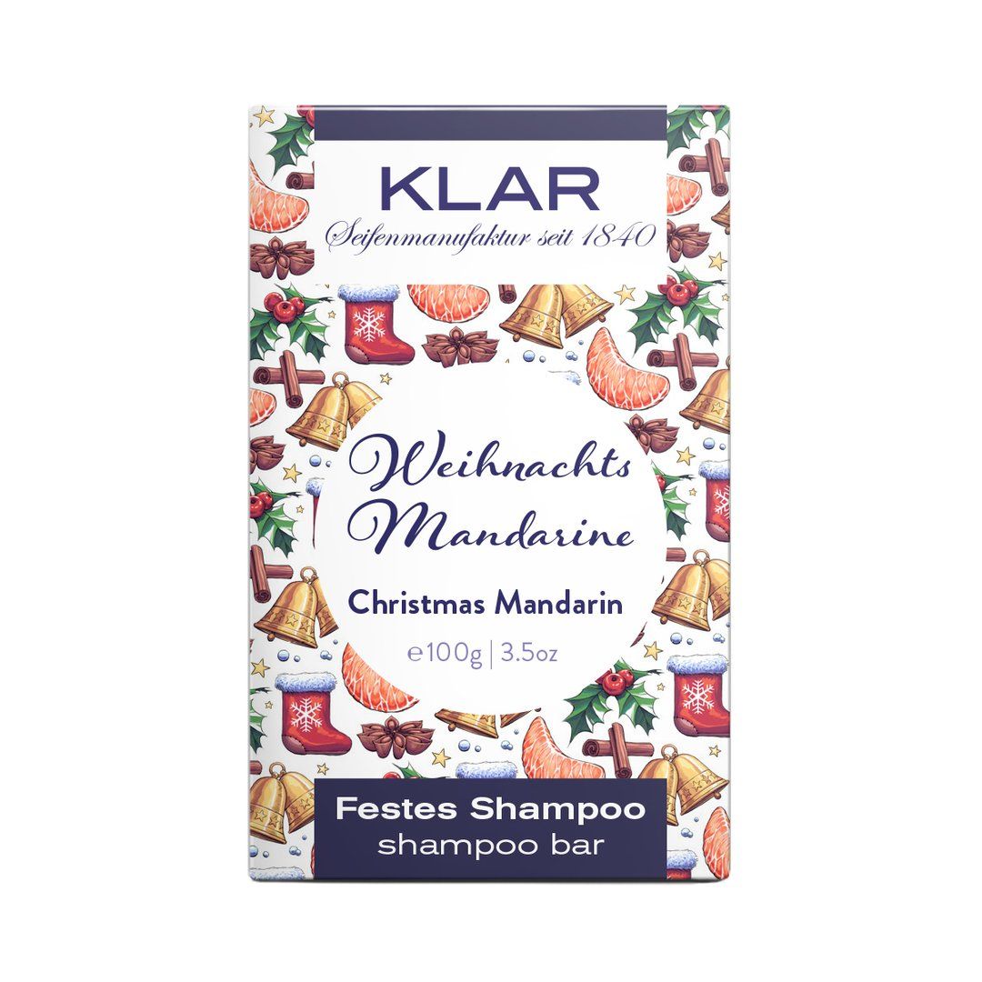 Emballage Klar, Shampooing solide Weihnachtsmandarine, motifs de Noël.