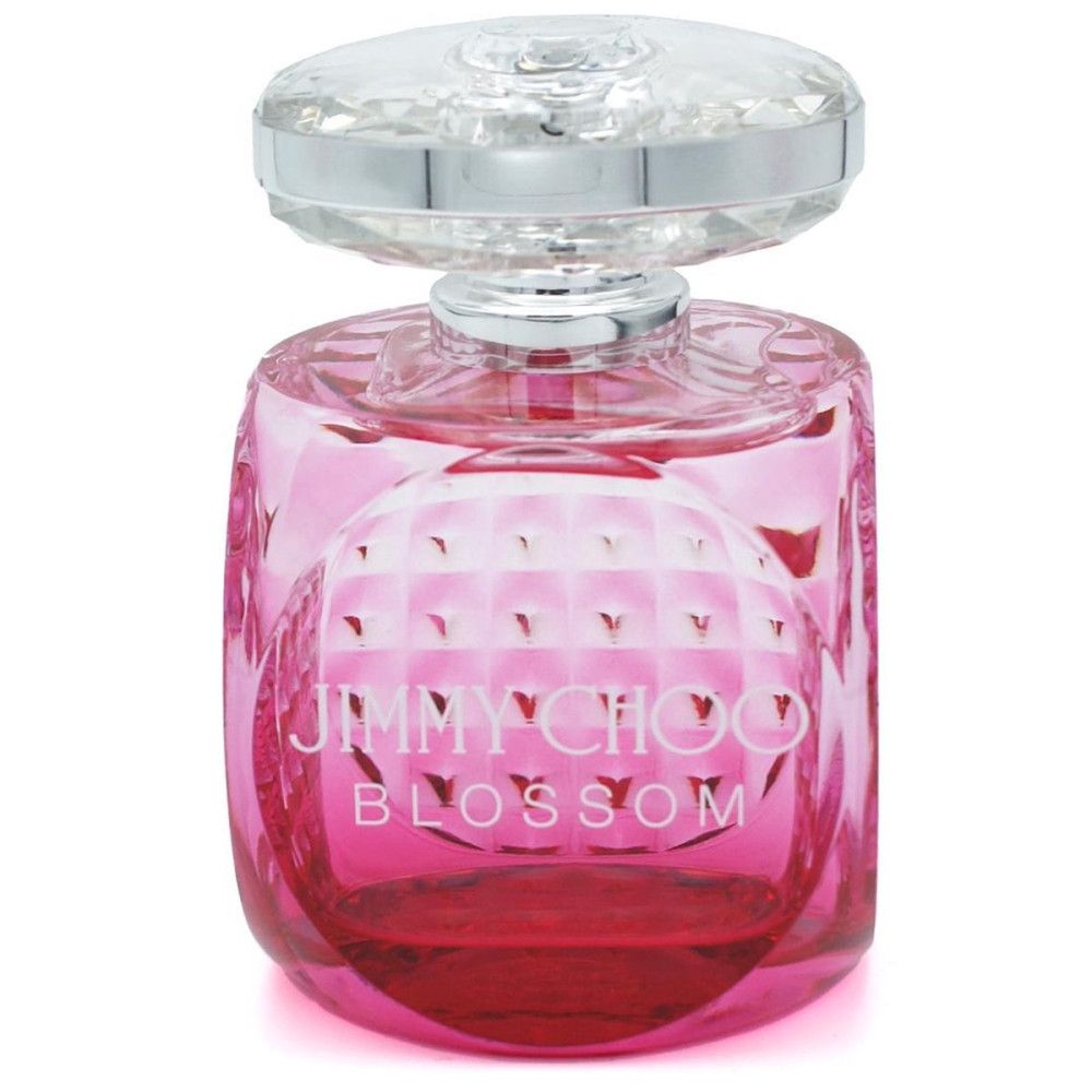 Flacon de parfum Jimmy Choo Blossom. Dégradé rose, bouchon argenté. Motif géométrique sur le verre.