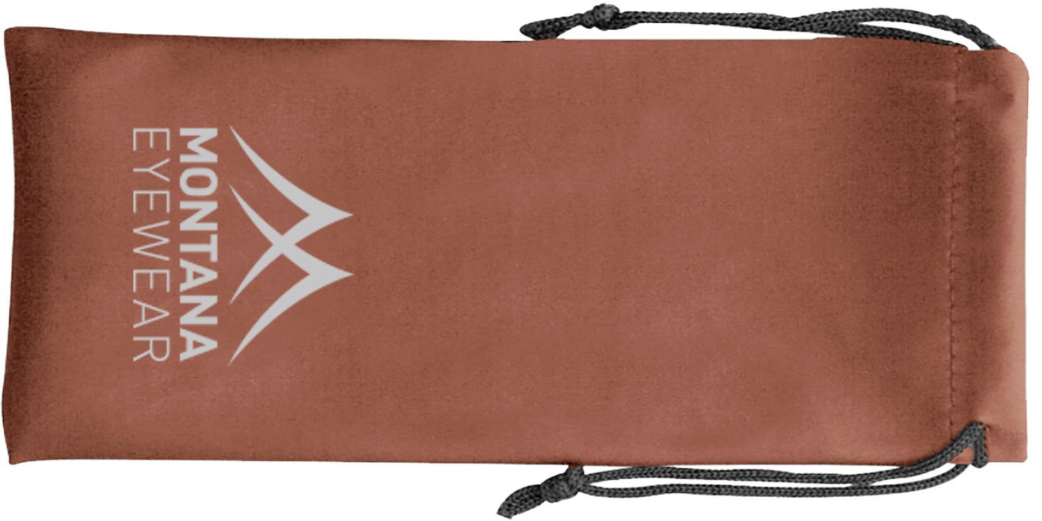 Bruine opbergtas met trekkoord. Het Montana Eyewear-logo is in zilver op de tas gedrukt.