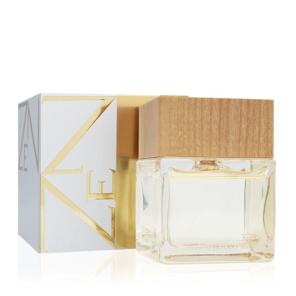 Flacon et emballage. Flacon transparent avec bouchon en bois. Emballage blanc avec accents dorés et inscription ZEN.