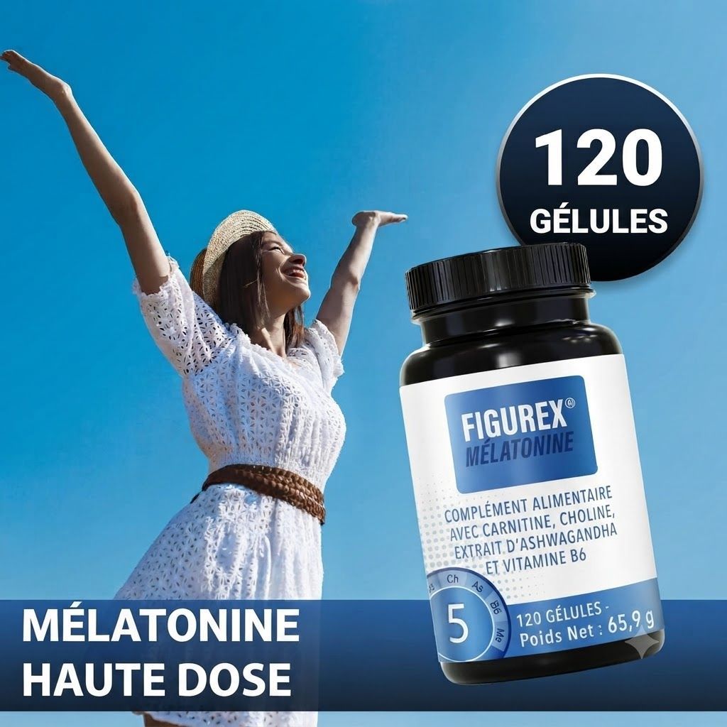 Flacon de 120 gélules de Mélatonine, complément alimentaire avec Carnitine, Choline, Ashwagandha et Vitamine B6.