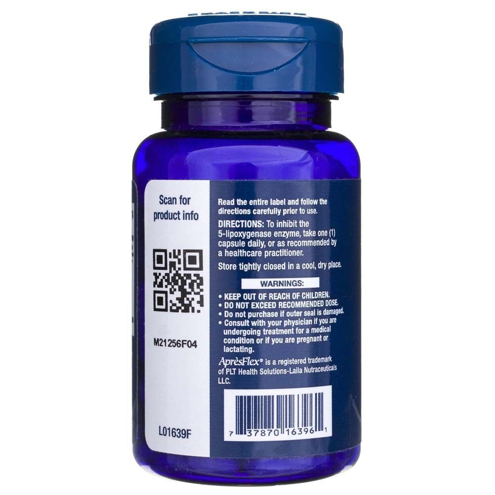 Arrière du contenant Life Extension 5-LOX Inhibitor avec code QR, code-barres et instructions d'utilisation.