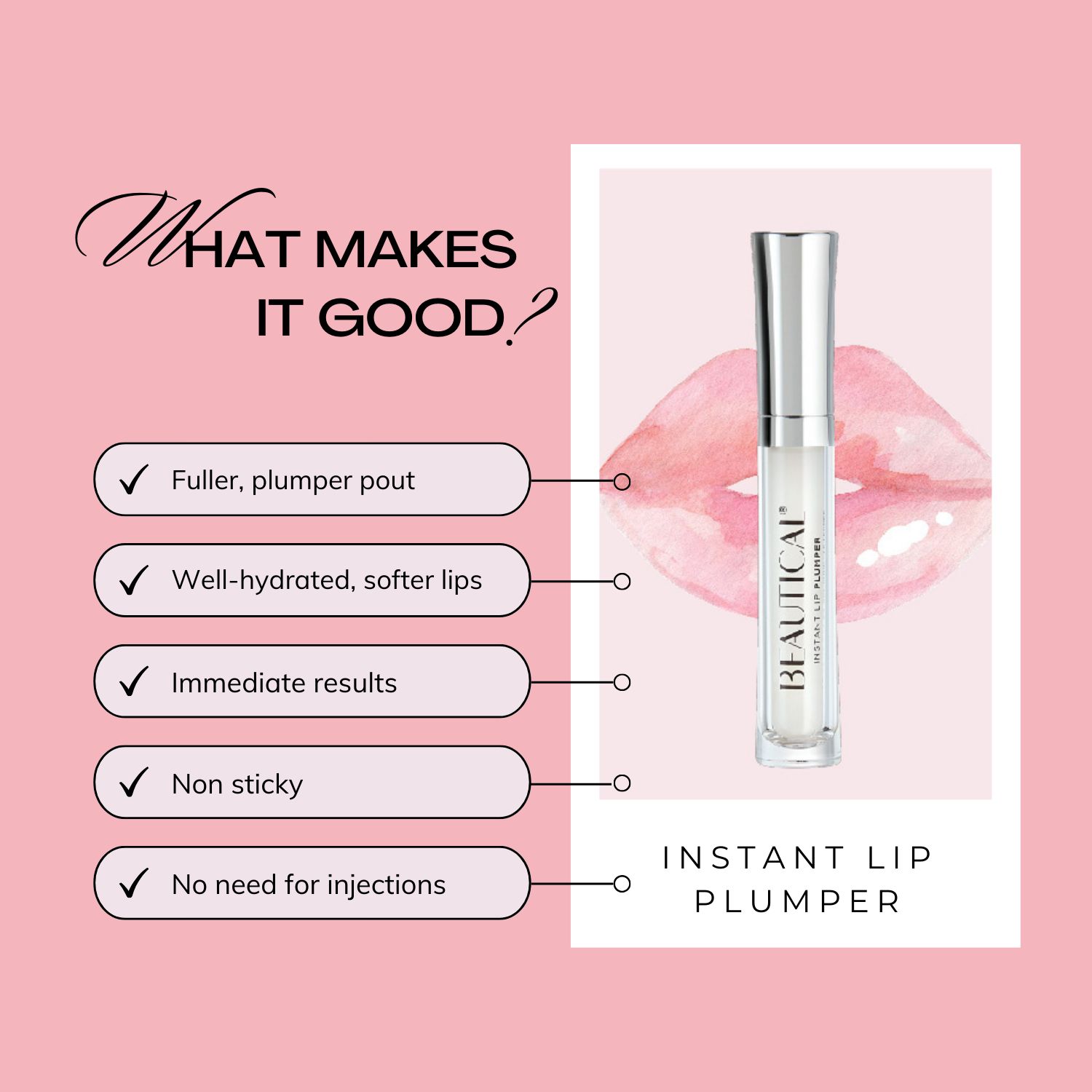 BEAUTICAL Instant Lip Plumper. Product, applicator en iconen op roze achtergrond. Tekst in het Engels.