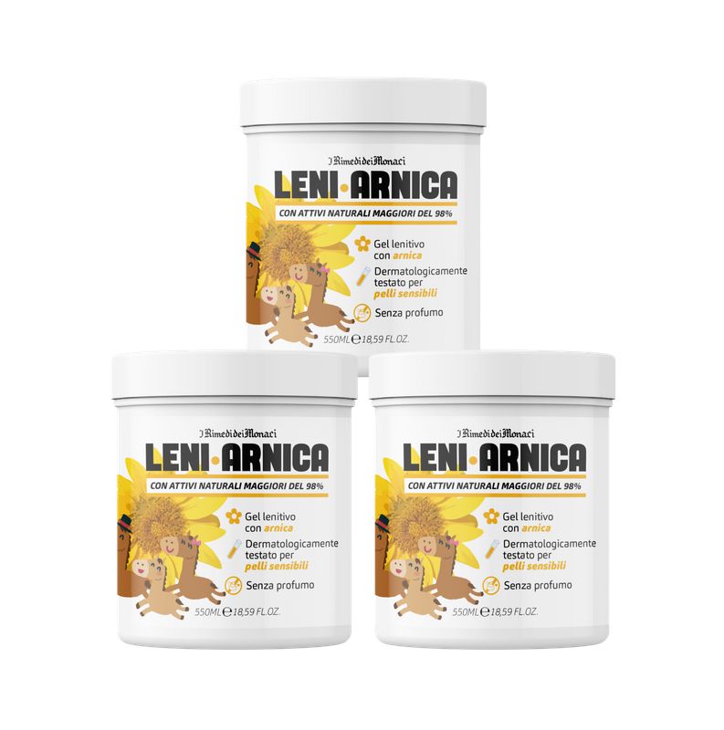 Drie witte potten Leni Arnica. Gel voor gevoelige huid. Zonder parfum. Met illustraties.