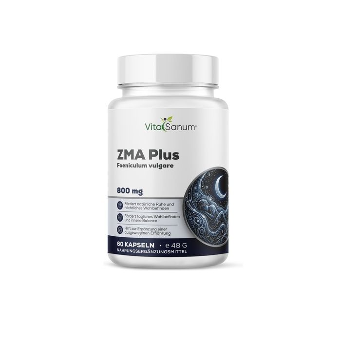 Gélules VitaSanum ZMA Plus, 800 mg, 60 pièces. Pot blanc avec étiquette bleue et symbole de lune.