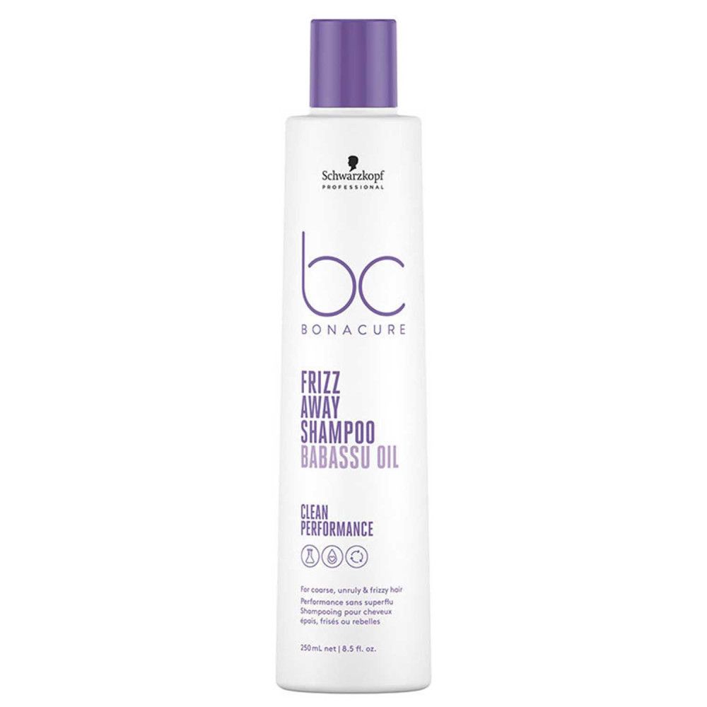 Flacon de shampooing blanc avec bouchon violet. Inscription : BC Bonacure Frizz Away Shampoo Babassu Oil. Logos et texte.