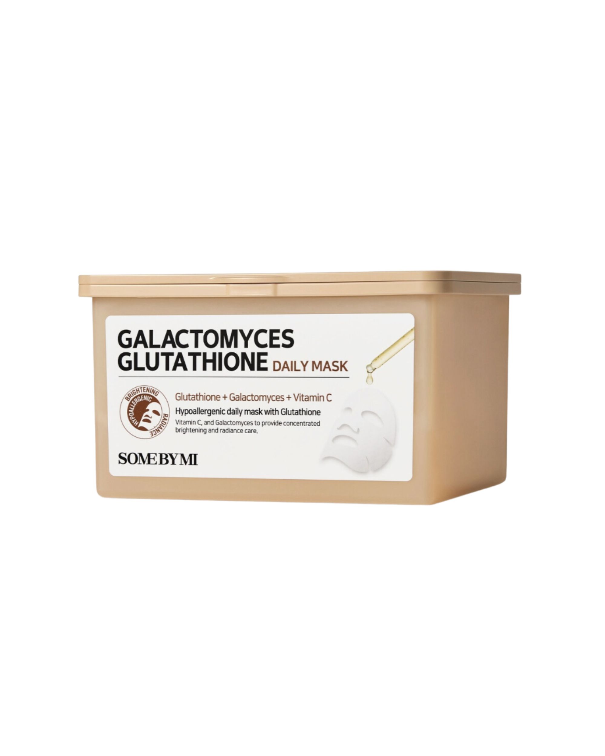 Beige rechthoekige doos met tekst Galactomyces Glutathione Daily Mask. Logo en tekstdetails.