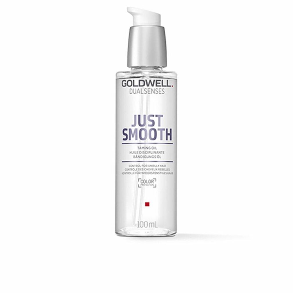 Flacon transparent avec pompe argentée. Inscription: Goldwell Dualsenses, Just Smooth. Contient de l'huile lissante. 100ml.