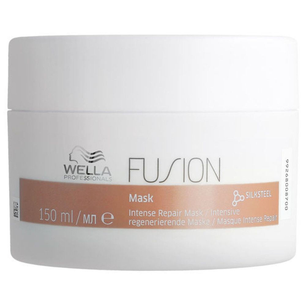 Witte pot met Wella FUSION Mask. Tekst: 150 ml, Mask, Intense Repair Mask, SILKSTEEL.