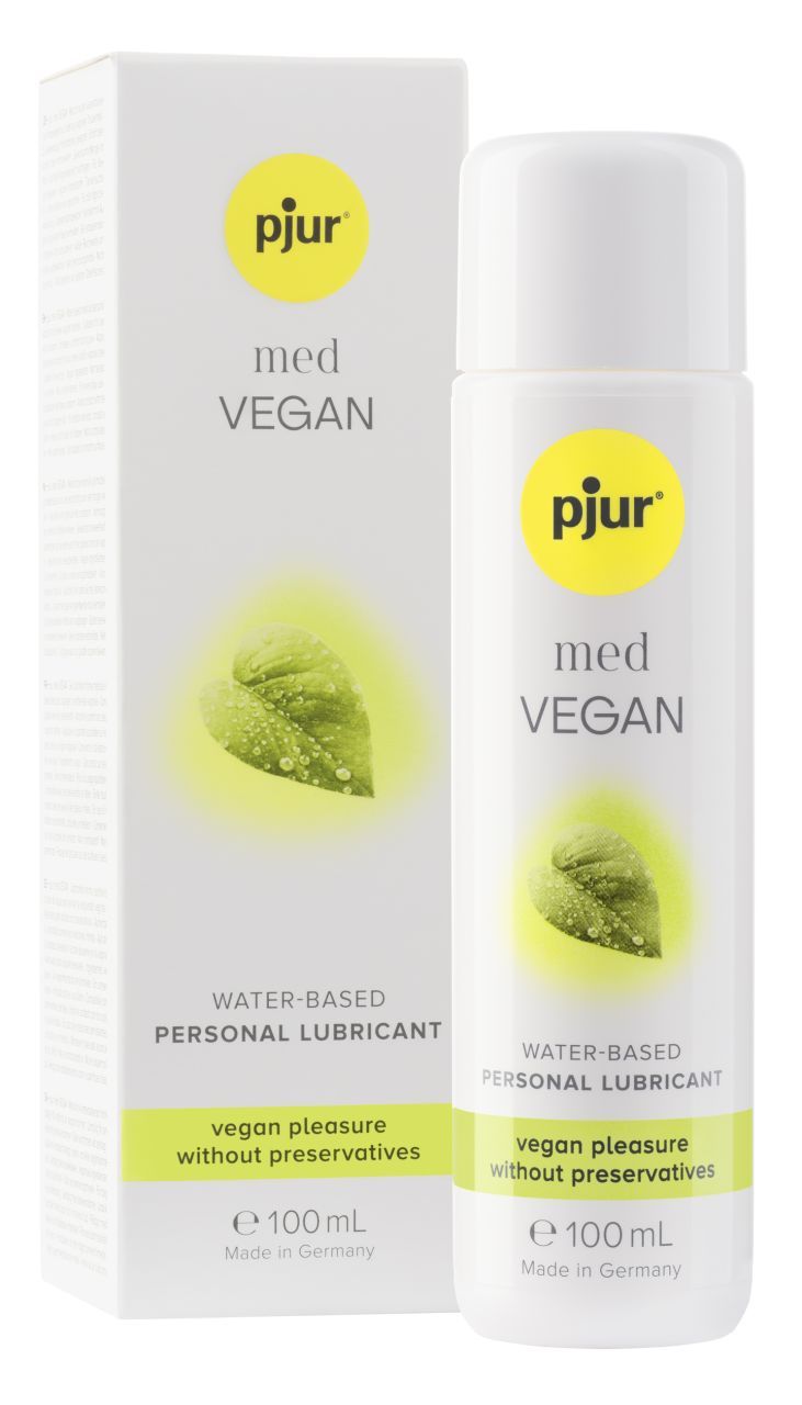 Pjur med VEGAN glijmiddel op waterbasis, vegan, zonder conserveermiddelen. Fles en doos.