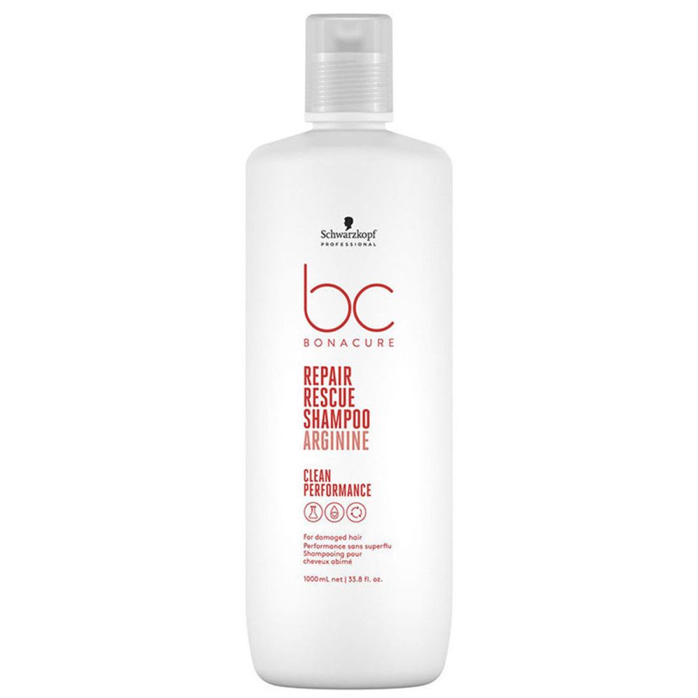 Witte fles met rode tekst. Schwarzkopf BC Bonacure Repair Rescue Shampoo. 1000 ml.