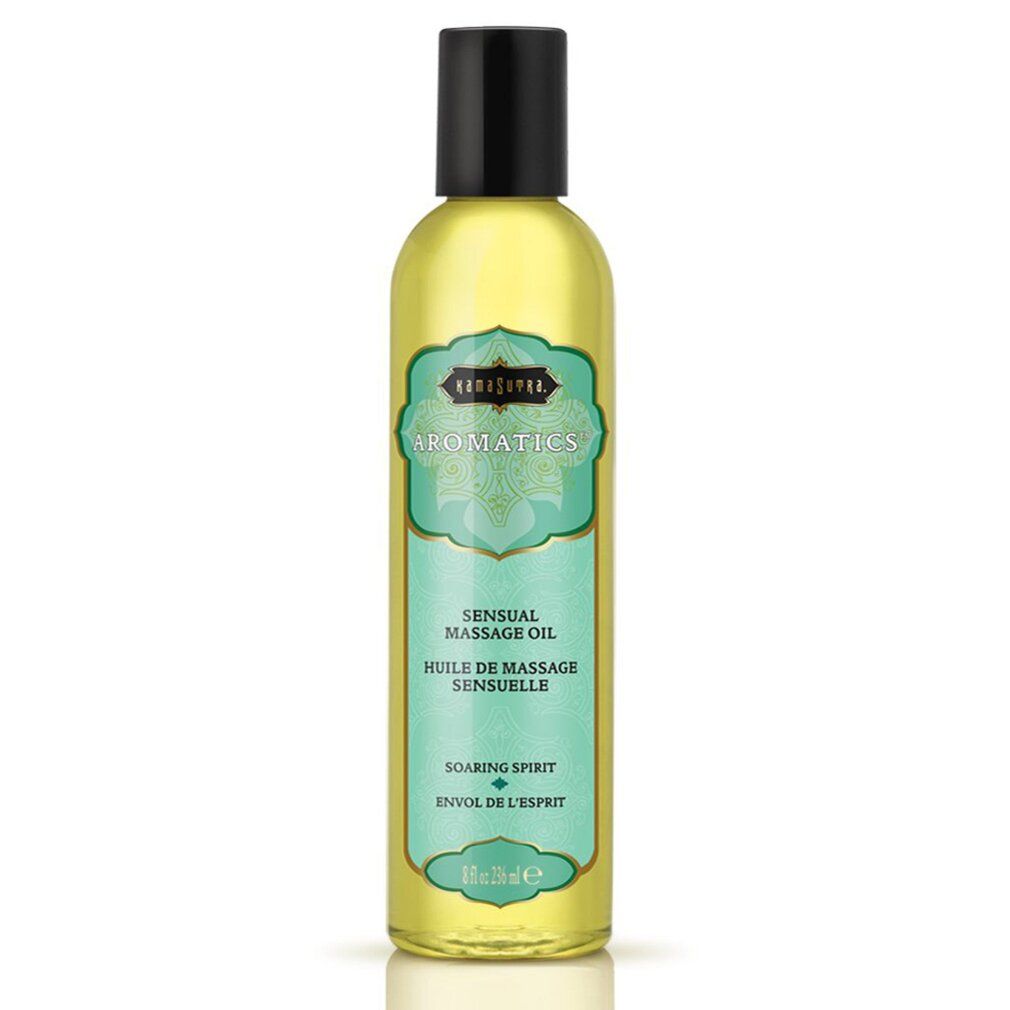 Bouteille d'huile de massage avec étiquette turquoise et bouchon noir.