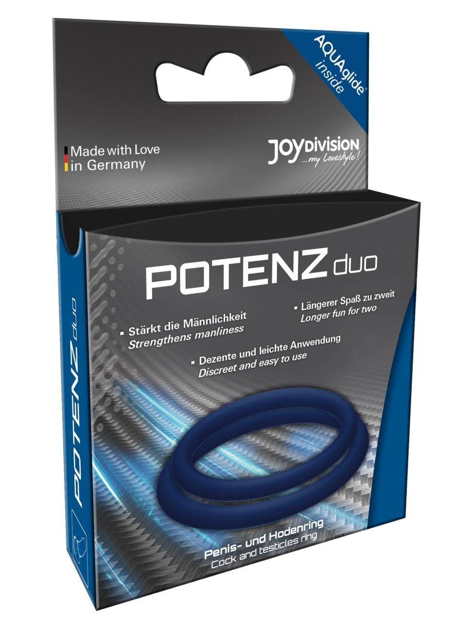 Verpakking voor POTENZ DUO penis- en balzakringen, blauw.