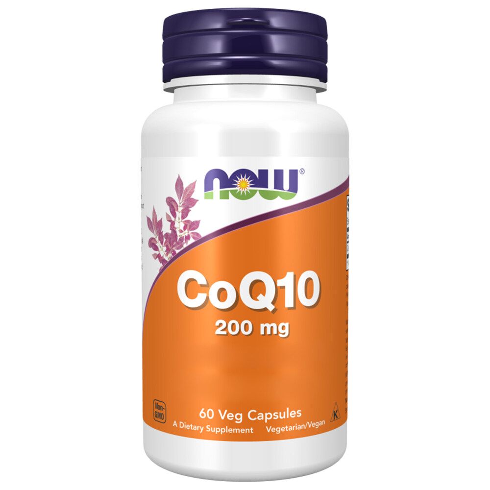 Flacon blanc, bouchon violet. Étiquette orange avec 'CoQ10 200 mg'. '60 Veg Capsules' et logo 'NOW' visibles.