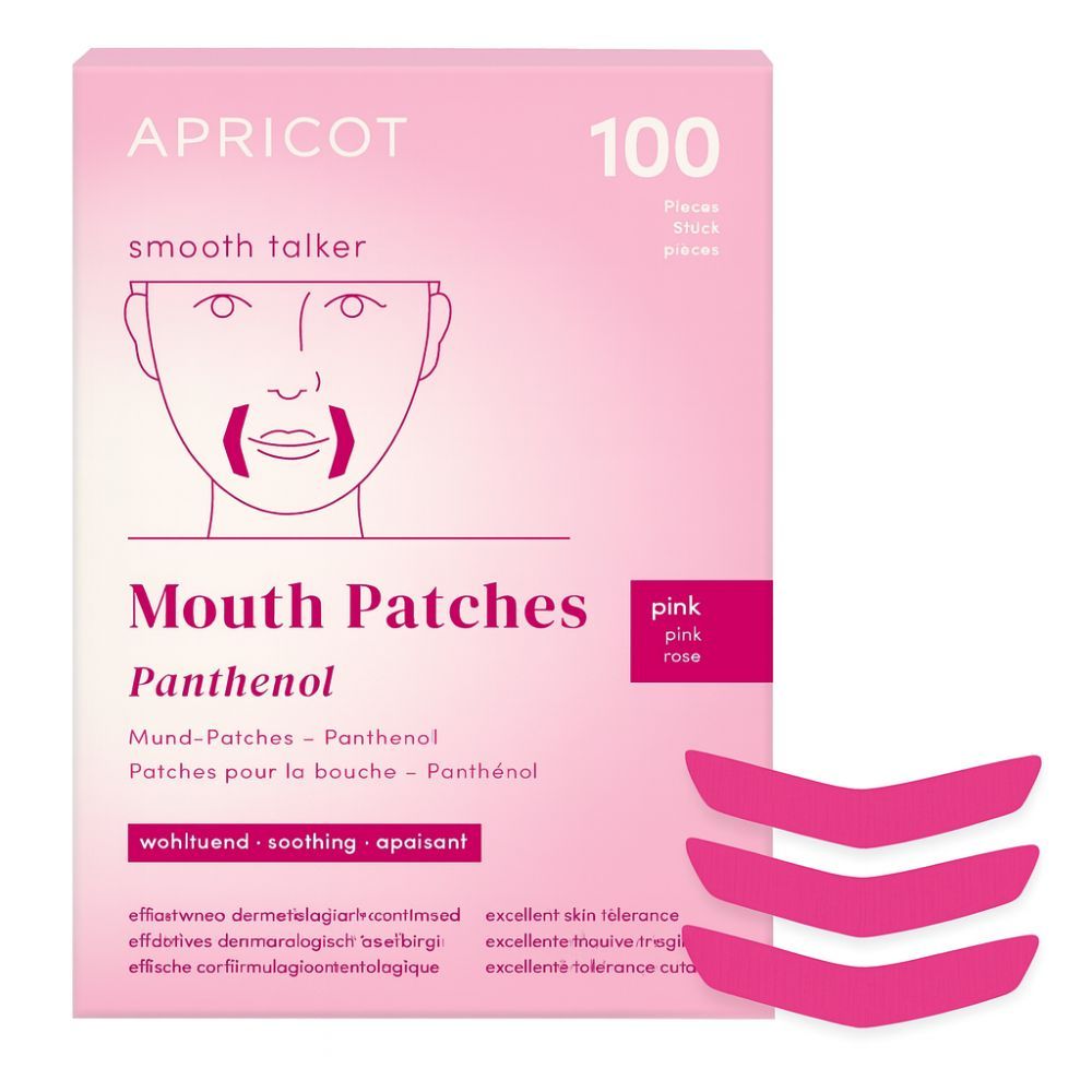 Paquet de patchs APRICOT Mouth Patches avec Panthenol. 100 pièces. Patchs roses triangulaires. Inscription : Mouth Patches.