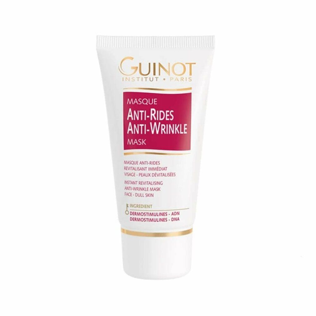 Tube blanc avec étiquette rouge. Guinot Masque Anti-Rides. Texte: Anti-Wrinkle Mask. Nom du produit et marque.
