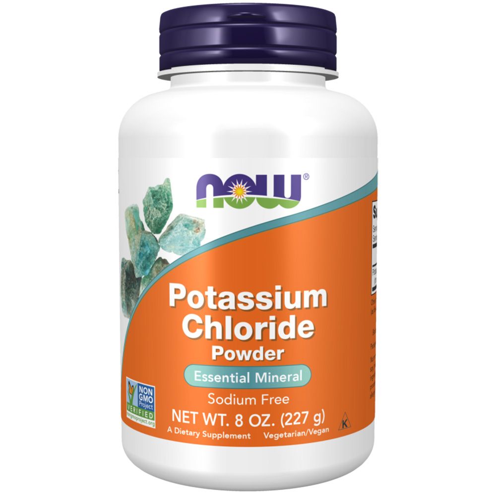 Witte pot met blauwe dop. Opschrift: NOW, Potassium Chloride Powder, Essential Mineral, Sodium Free. Netto 8 oz (227 g).