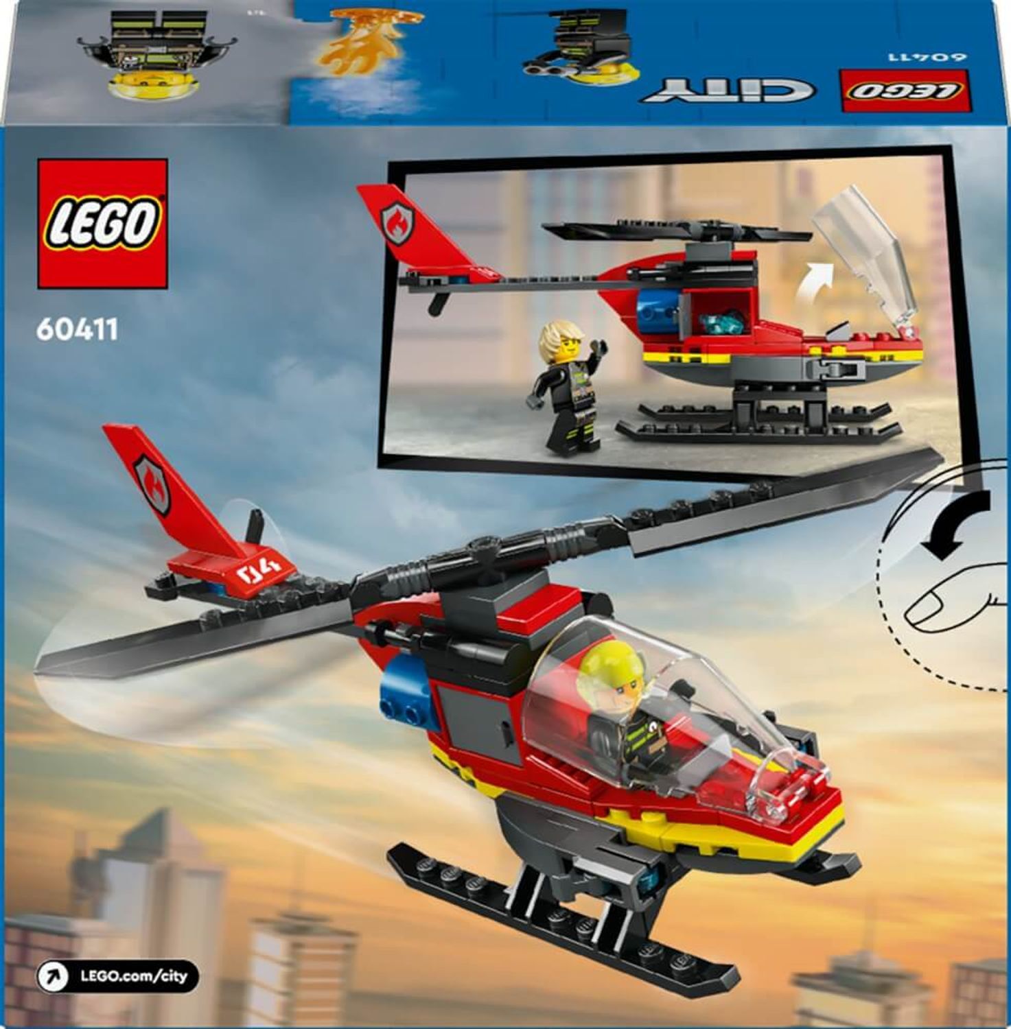 Emballage LEGO City 60411. Montre l'hélicoptère et une figurine. Comprend une illustration de l'hélicoptère et des instructions.