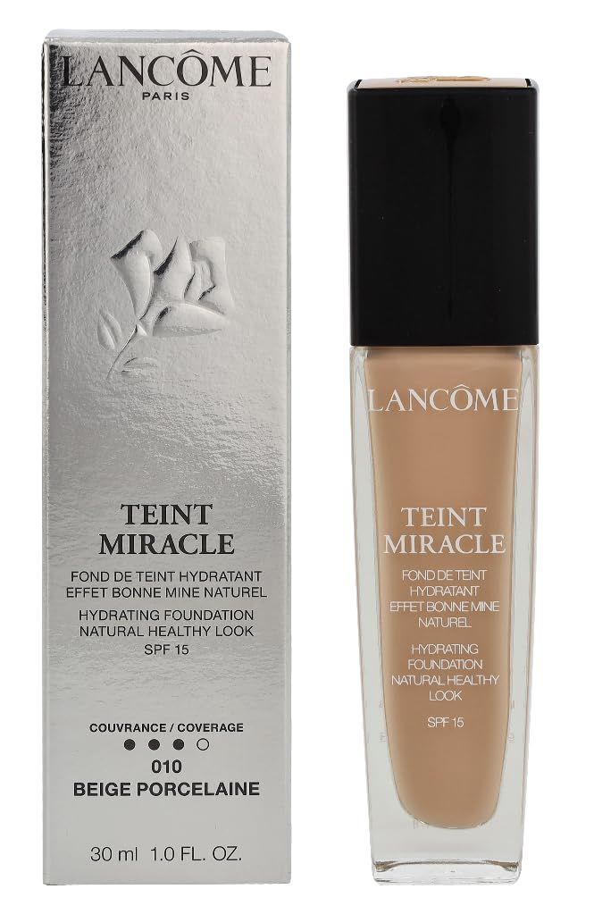 Fond de teint Lancôme Teint Miracle. Flacon et emballage. Beige Porcelaine 010. SPF 15. Fond de teint hydratant. Effet bonne mine naturelle.