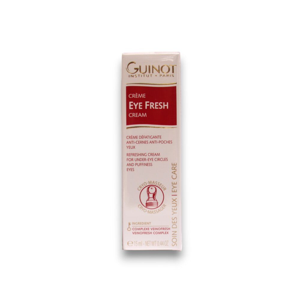Guinot Crème Eye Fresh Creme in verpakking. Witte doos met rood etiket. Bevat een tube.