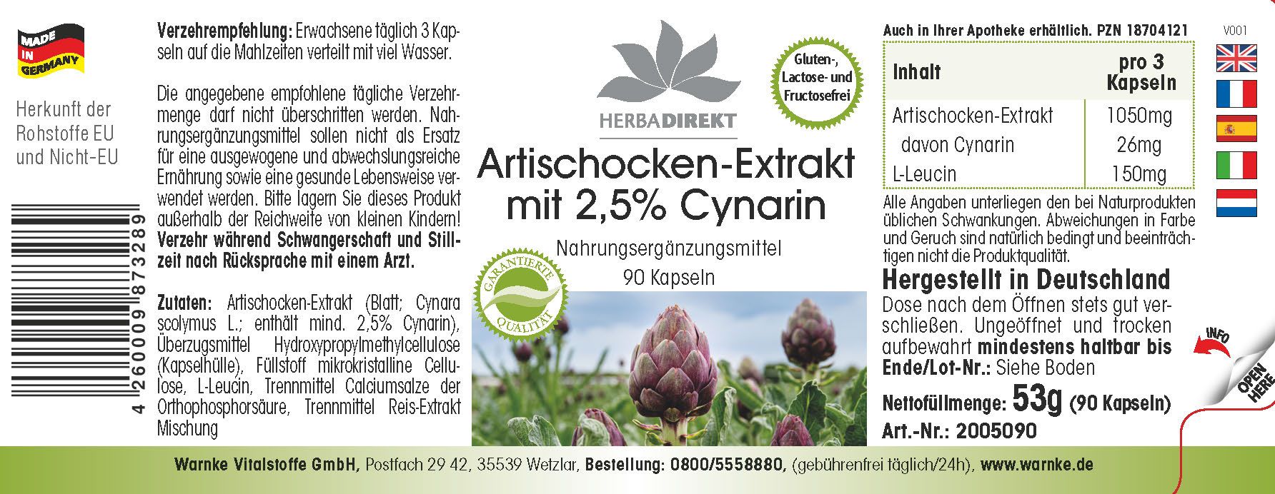 Étiquette avec informations sur le produit. Inscription : Extrait d'artichaut avec 2,5% de cynarine. 90 gélules. Logo HerbaDirekt. Ingrédients.